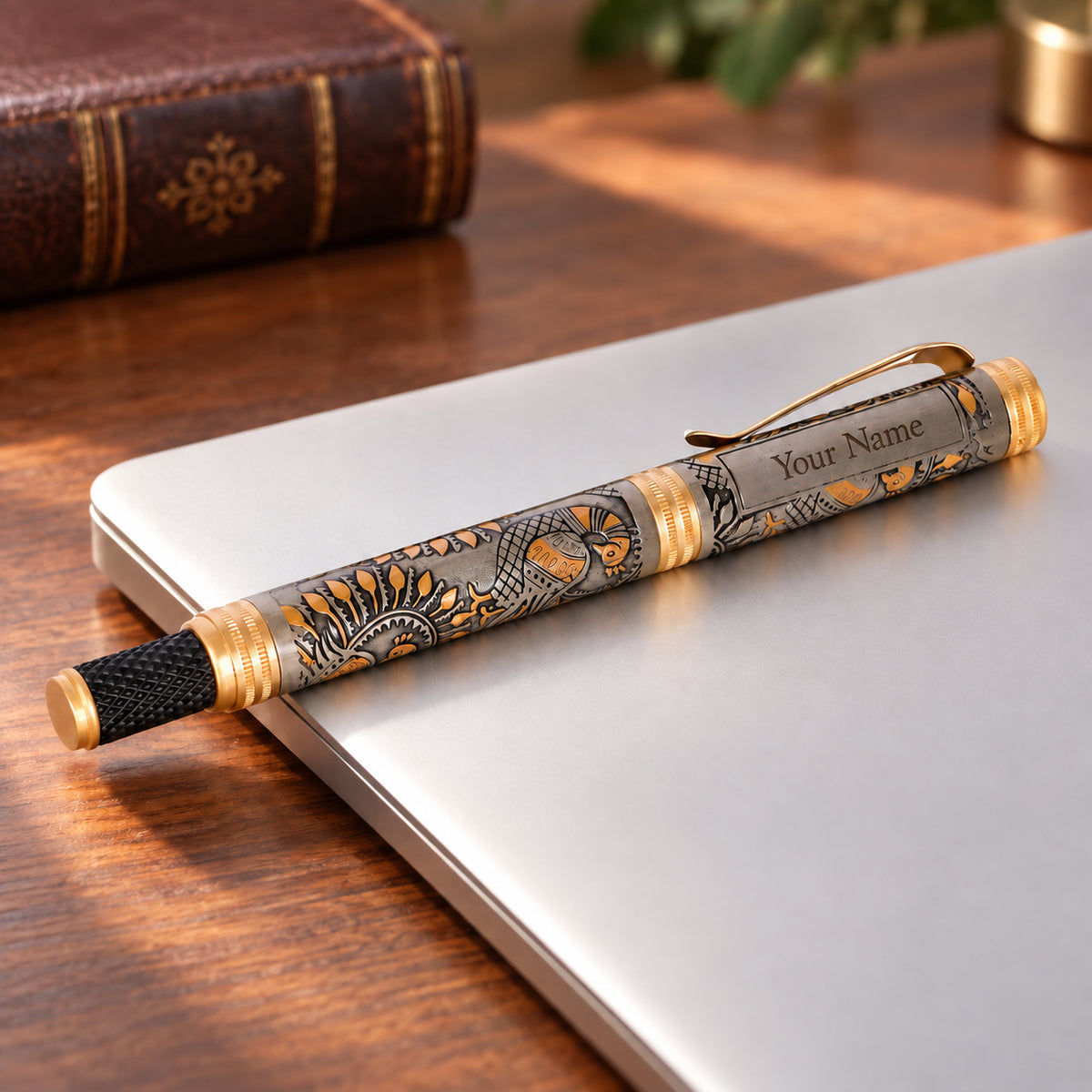 ROSHFORT Madhubani Signature Roller Pen — Personalised with Your Name — name-panel view