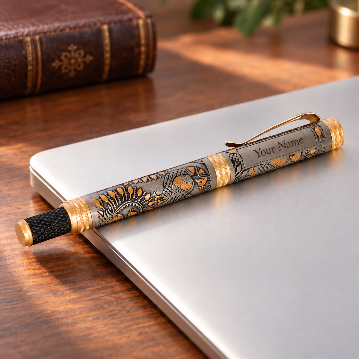 ROSHFORT Madhubani Signature Roller Pen — Personalised with Your Name — name-panel view