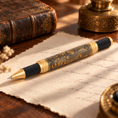 ROSHFORT Madhubani Signature Roller Pen — Personalised with Your Name — writing desk view