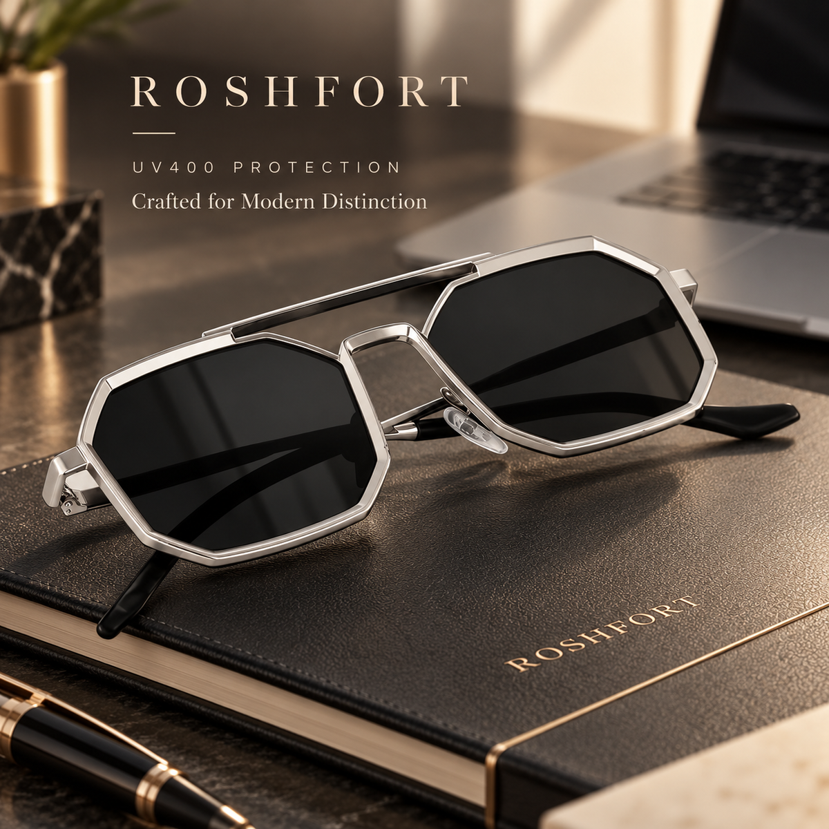 ROSHFORT Noir Hexa Silver Personalised Sunglasses | Your Name on One Temple