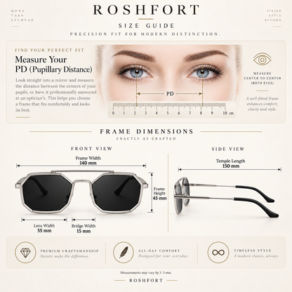 ROSHFORT silver sunglasses size guide showing front and side frame measurements.