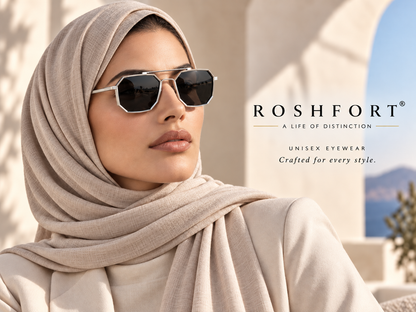 Woman in a beige headscarf wearing silver octagonal sunglasses outdoors.