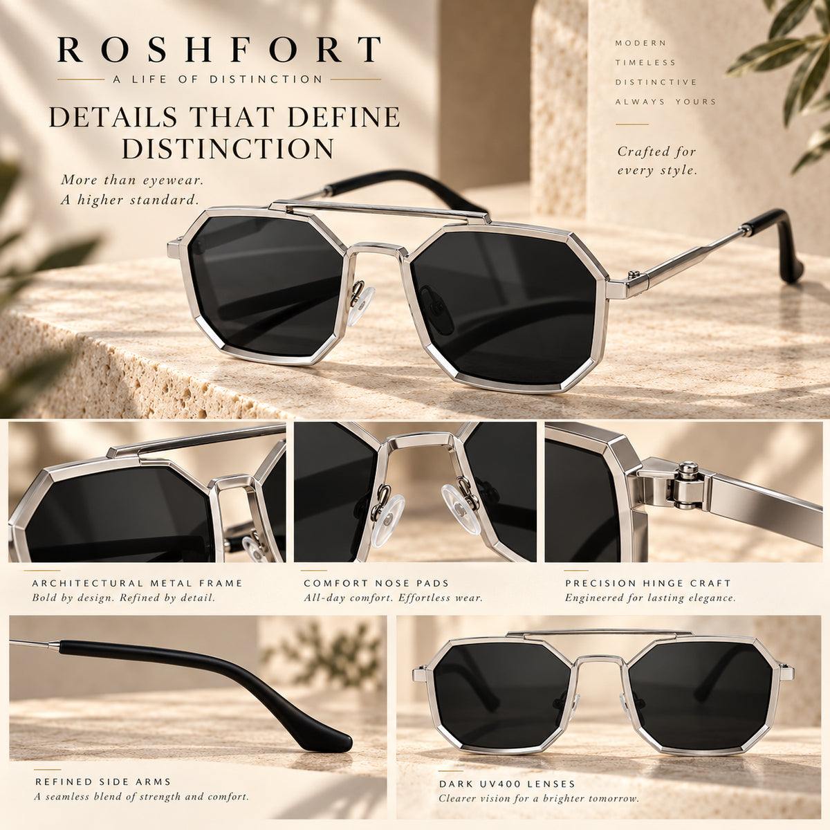 Detail collage of silver sunglasses showing frame, nose pads, hinges, temple tips and dark lenses.