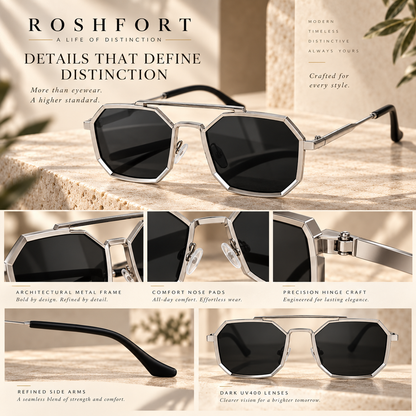 Detail collage of silver sunglasses showing frame, nose pads, hinges, temple tips and dark lenses.
