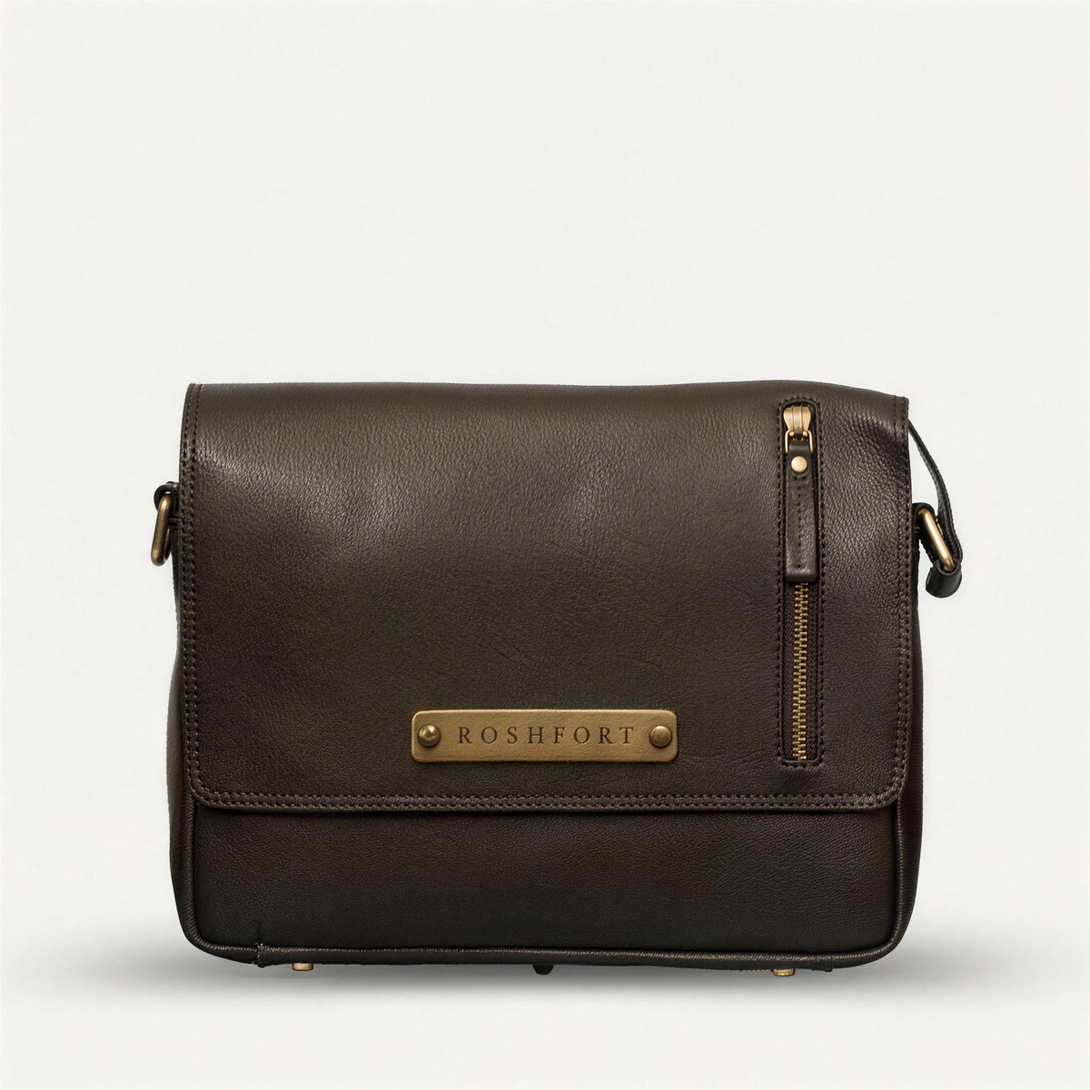 ROSHFORT Vince Cort Black Leather Flap Messenger Bag