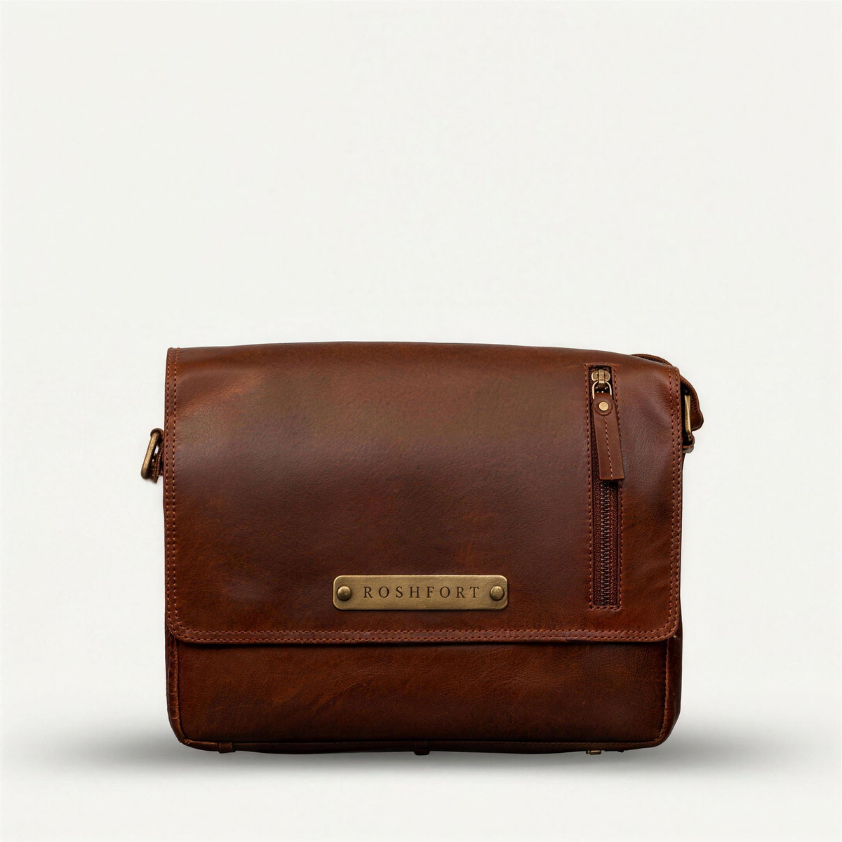 ROSHFORT Vince Cort Cognac Personalised Leather Flap Messenger Bag