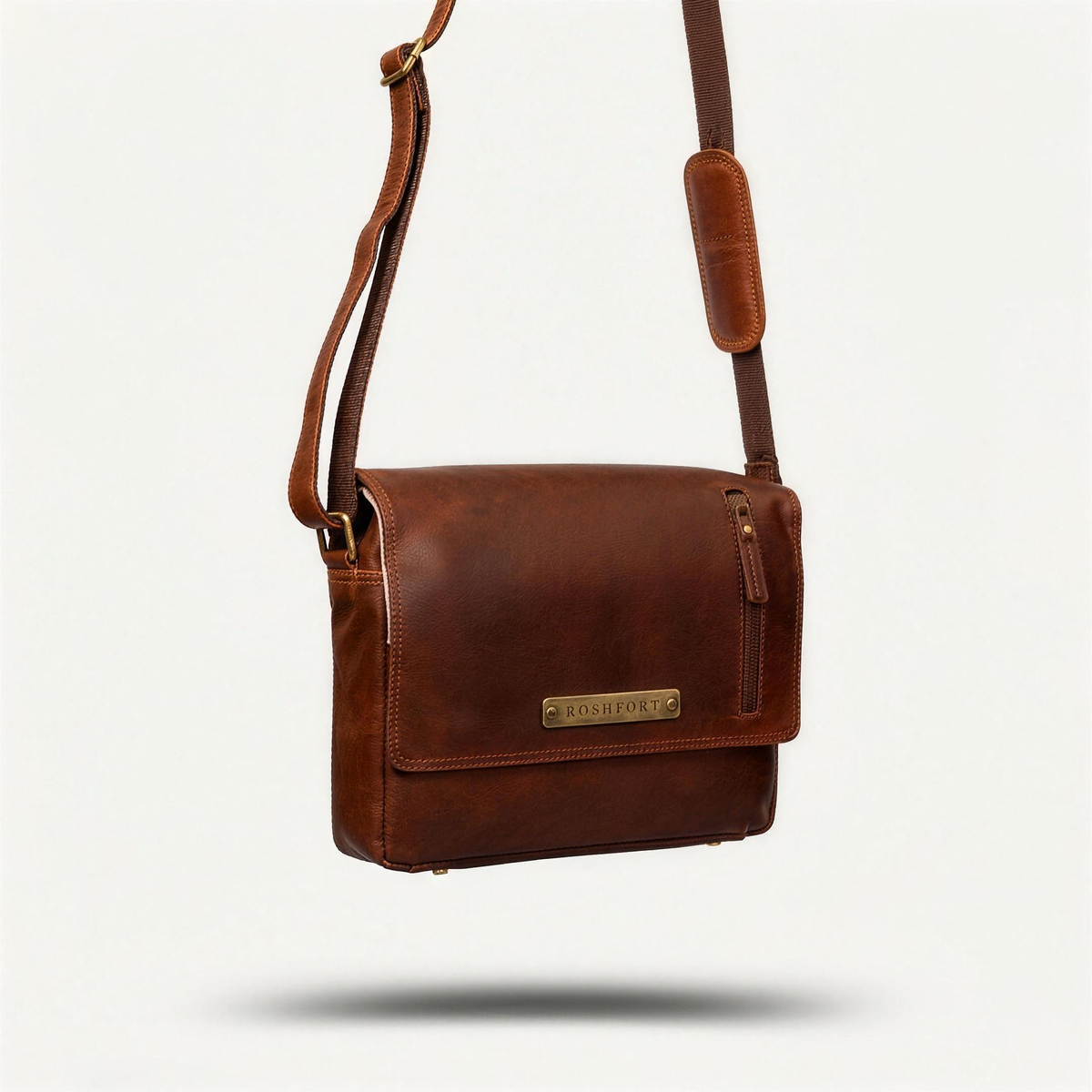 ROSHFORT Vince Cort Cognac Personalised Leather Flap Messenger Bag