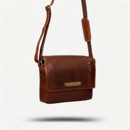 ROSHFORT Vince Cort cognac leather messenger bag hanging by its strap