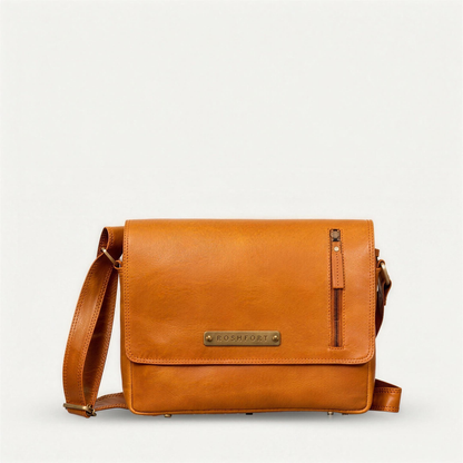 ROSHFORT Vince Cort tan leather flap messenger bag, front