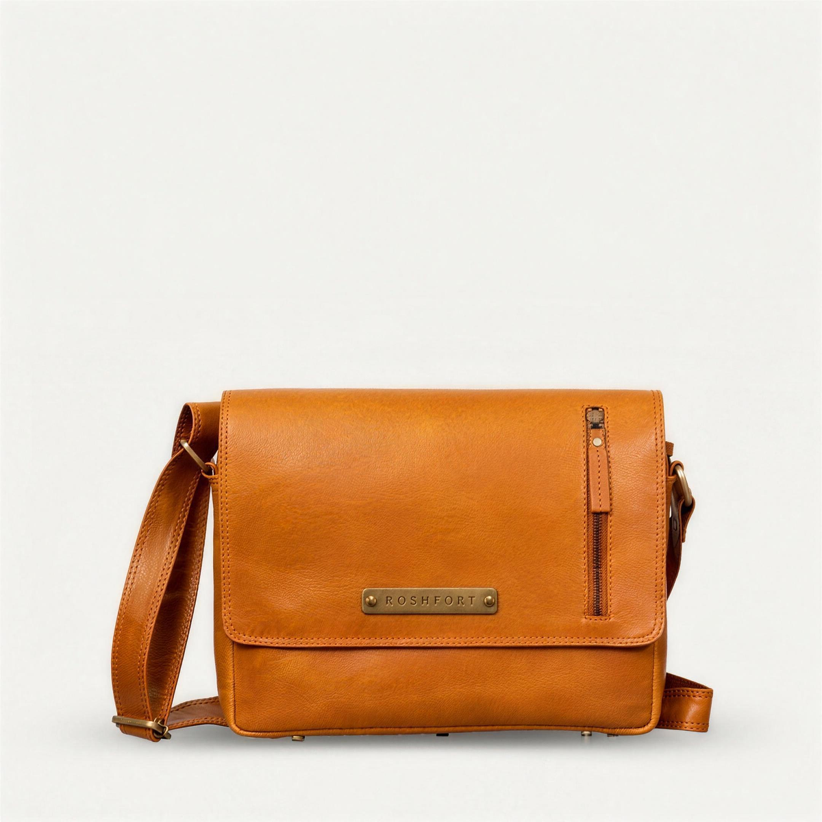 ROSHFORT Vince Cort Tan Personalised Leather Flap Messenger Bag