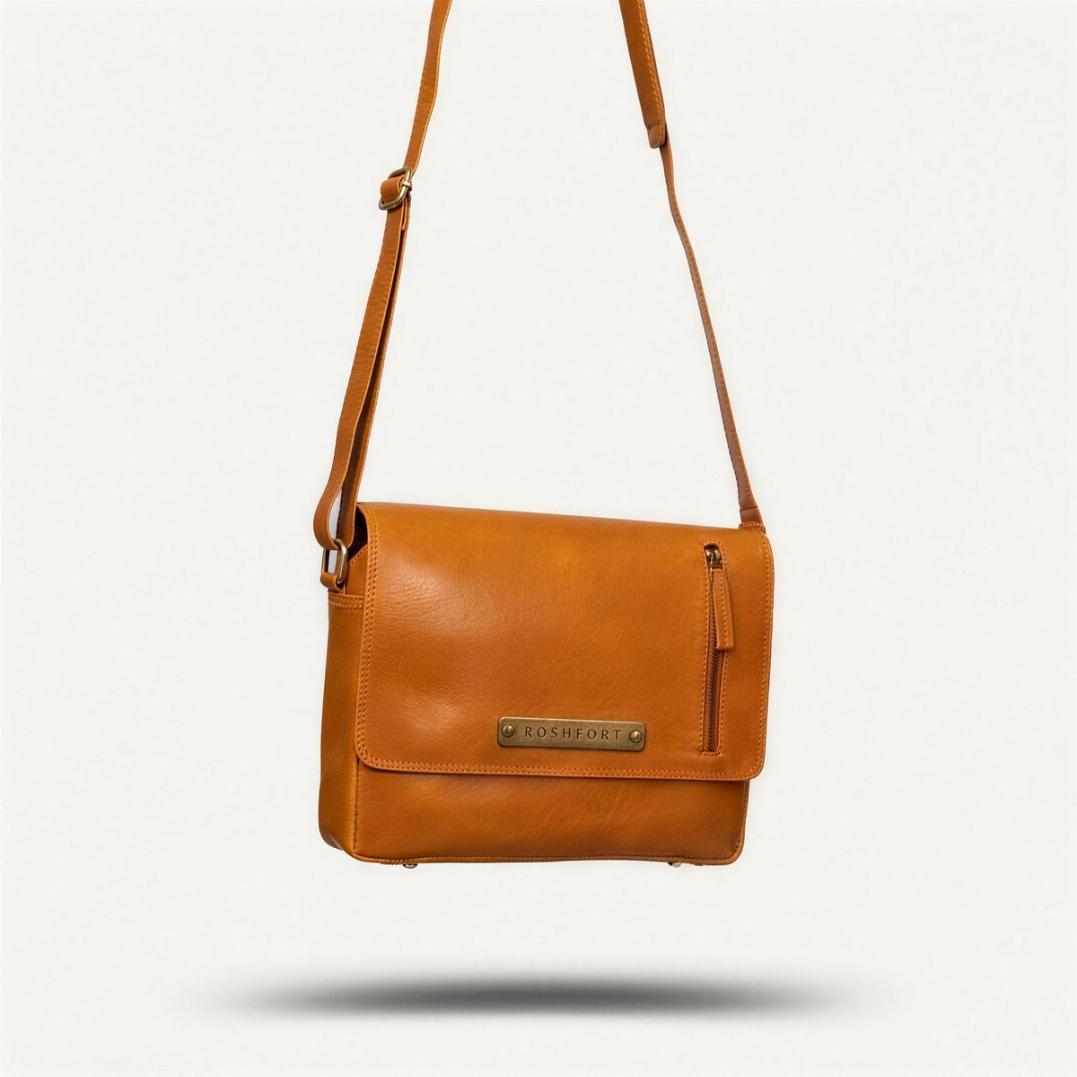 ROSHFORT Vince Cort Tan Leather Flap Messenger Bag